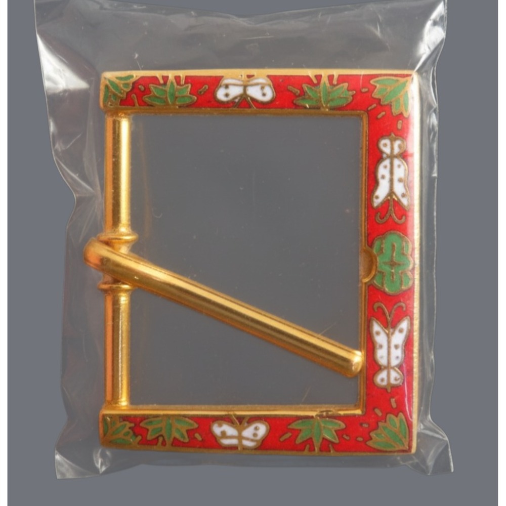 Vintage GOLD TONE BELT BUCKLE Cloisonne Enamel RED WHITE GREEN Butterfly Leaves